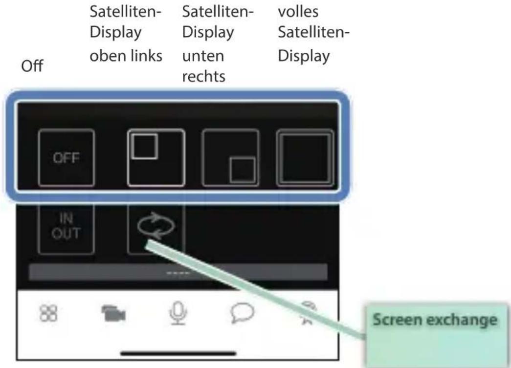 Off Satelliten- Display oben links Satelliten- Display unten rechts volles Satelliten- Display OFF IN OUT Screen exchange