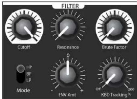 FILTER Cutoff Resonance Brute Factor Mode HP BP LP ENV Amt KBD Tracking %