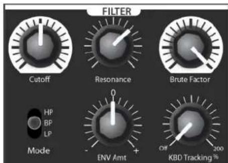 FILTER Cutoff Resonance Brute Factor Mode HP BP LP ENV Amt KBD Tracking % Off 200