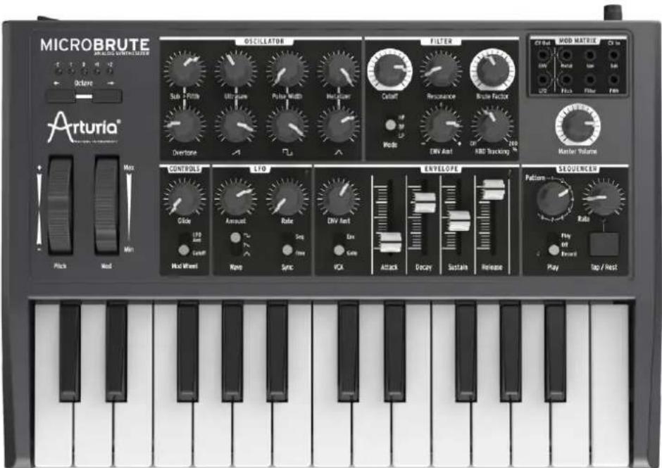 MICROBRUTE ANALOG URBUTS/METER Octave Arturia® Max Pitch Mod Oscillator Sub-PRize Ultracase Pulse Width Helicaler Doverone Filter Cutoff Rescance Brake Factor Mode ENV Anti HBD Tracking Master Volume CONTROLS Glide LIFO Ampoust Role DVV Anti Env Sync VCA Attack Decay Sustain Release ENVELOPE Pattern Ratio Play Record Top / Rest Sequence#