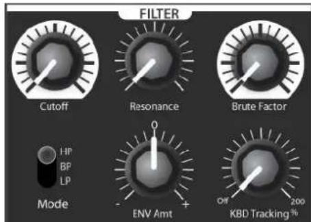 FILTER Cutoff Resonance Brute Factor Mode HP BP LP ENV Amt KBD Tracking %