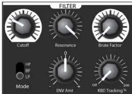 FILTER Cutoff Resonance Brute Factor HF BP LP Mode ENV Amt Off 200 KBD Tracking %
