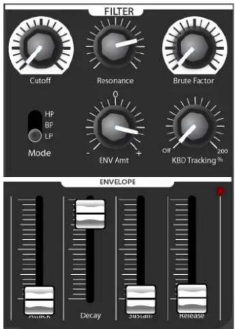 FILTER Cutoff Resonance Brute Factor HP BF LP Mode ENV Amt + Off 200 KBD Tracking % ENVELOPE Attack Decay Sustain Release