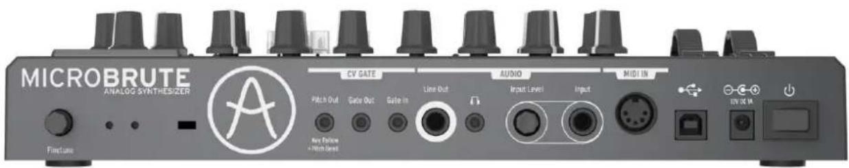 MICROBRUTE ANALOG SYNTHESIZER CY GATE AUDIO MIDI IN Pitch Out Gate Out Gate In Line Out Input Level Input Key Follow + High Level UV OE IN FireLane