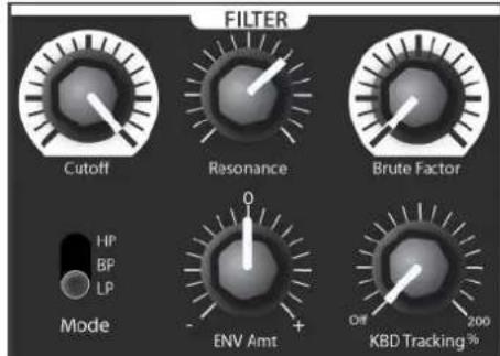 FILTER Cutoff Resonance Brute Factor Mode HP BP LP ENV Amt Off 200 KBD Tracking%