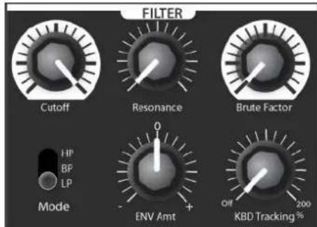 FILTER Cutoff Resonance Brute Factor Mode HP BF LP ENV Amt Off 200 KBD Tracking %