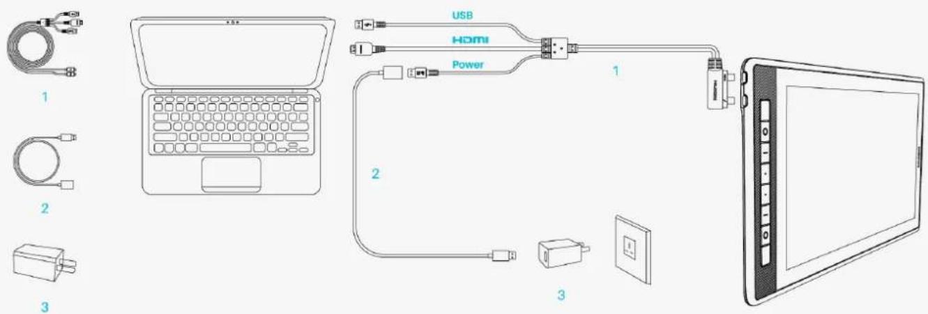 Huion Kamvas Pro 16 GT1561 - Connect via a Three-in-two Cable - 1
