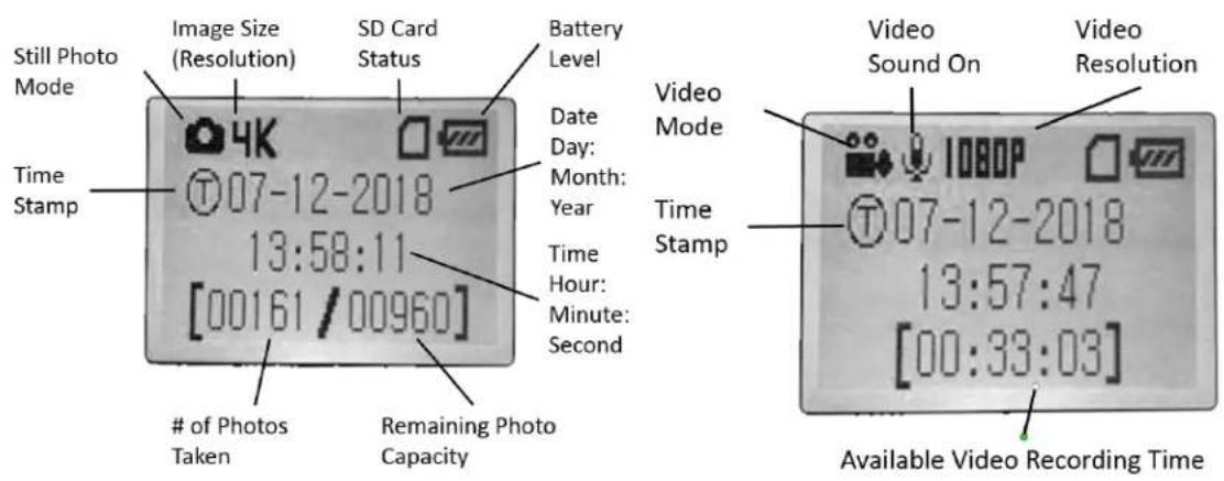 Still Photo Mode Image Size (Resolution) SD Card Status Battery Level Date Day: Month: Year Time Hour: Minute: Second 07-12-2018 13:58:11 [00161/00960] of Photos Taken Remaining Photo Capacity Video Mode Time Stamp Video Sound On Video Resolution 07-12-2018 13:57:47 [00:33:03] Available Video Recording Time