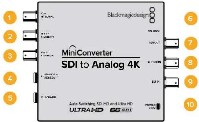 Blackmagicdesign Y or NTSC/PAL R-Y or S-VIDEO Y R-Y or S-VIDEO C L - ANALOG or ALS/EBU R - ANALOG MiniConverter SDI to Analog 4K SDI LOCK SDI OUT ALT SDI IN SDI IN Auto Switching SD, HD and Ultra HD ULTRAHD 6G SDI POWER +12V 1 2 3 4 5 6 7 8 9 10