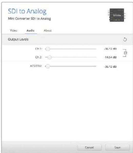 SDI to Analog Mini Converter SDI to Analog Video Audio About Output Levels Ch 1r -36.12 dB Ch 2i -14.54 dB AES/EBU -36.12 dB Cancel Save