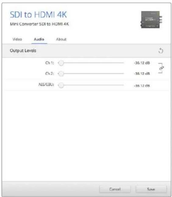 SDI to HDMI 4K Mini Converter SDI to HDMI 4K Video Audio About Output Levels Ch 1: -35.12 dB Ch 2: -35.12 dB AEE/EBU: -35.12 dB Cancel Save
