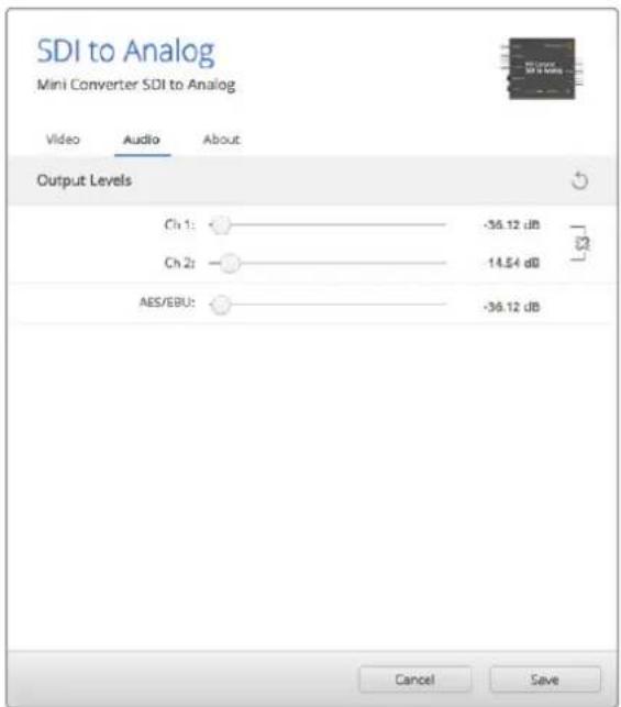 SDI to Analog Mini Converter SDI to Analog Video Audio About Output Levels Ch 1: -36.12 dB Ch 2: 14.54 dB AES/EBU: -36.12 dB Cancel Save
