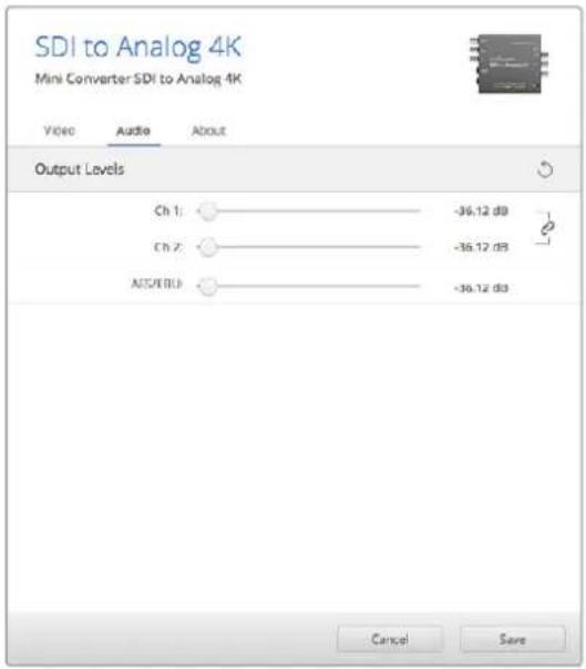 SDI to Analog 4K Mini Converter SDI to Analog 4K Video Audio About Output Levels Ch 1: -36.12 dB Ch 2: -36.12 dB AES/FEBD: -36.12 dB Cancel Save