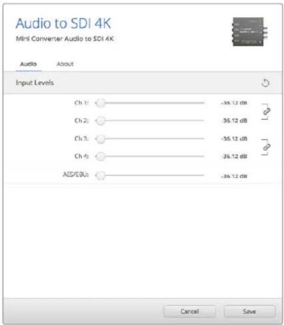 Audio to SDI 4K Mini Converter Audio to SDI 4K Audio About Input Levels Ch 1: -36.12 dB Ch 2: 36.12 dB Ch 3: -36.12 dB Ch 4: -36.12 dB AES/EBU: -36.12 dB Cancel Save