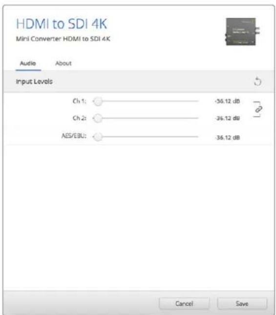 HDMI to SDI 4K Mini Converter HDMI to SDI 4K Audio About Input Levels Ch 1: -36.12 dB Ch 2: -36.12 dB AES/EBU: -36.12 dB Cancel Save