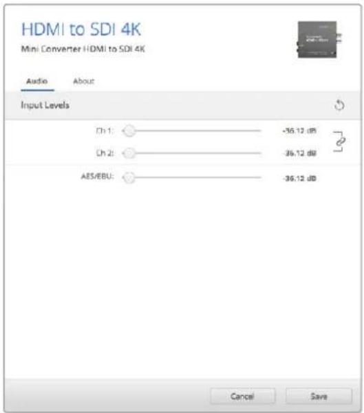 HDMI to SDI 4K Mini Converter HDMI to SDI 4K Audio About Input Levels Ch 1: -36.12 dB Ch 2: -36.12 dB AES/EBU: -36.12 dB Cancel Save