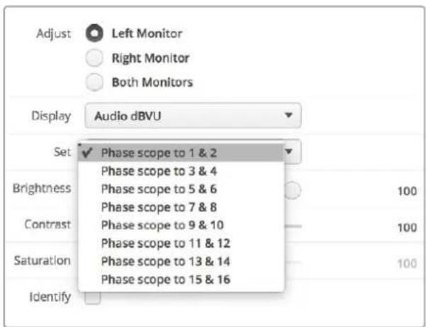 Adjust Left Monitor Right Monitor Both Monitors Display Audio dBVU Set ✓ Phase scope to 1 & 2 Phase scope to 3 & 4 Phase scope to 5 & 6 Phase scope to 7 & 8 Contrast Phase scope to 9 & 10 Phase scope to 11 & 12 Saturation Phase scope to 13 & 14 Phase scope to 15 & 16 Identify