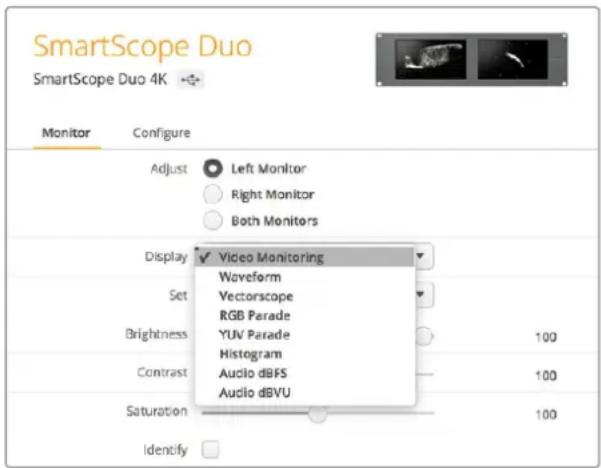 SmartScope Duo SmartScope Duo 4K Monitor Configure Adjust Left Monitor Right Monitor Both Monitors Display Video Monitoring Waveform Vectorscope RGB Parade YUV Parade Histogram Audio dBFS Audio dBVU Brightness 100 Contrast 100 Saturation 100 Identify