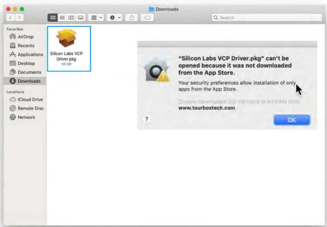 Silicon Labs VCP Driver.pkg 55 KB "Silicon Labs VCP Driver.pkg" can't be opened because it was not downloaded from the App Store. Your security preferences allow installation of only apps from the App Store. Windows downloaded this HKEYbox or 9100 files from www.tourboxtech.com OK