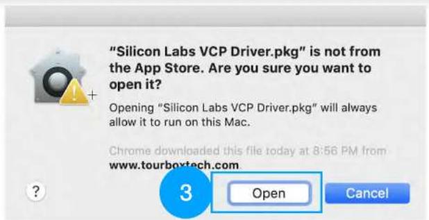 "Silicon Labs VCP Driver.pkg" is not from the App Store. Are you sure you want to open it? Opening "Silicon Labs VCP Driver.pkg" will always allow it to run on this Mac. Chrome downloaded this file today at 8:56 PM from www.tourboxtech.com 3 Open Cancel