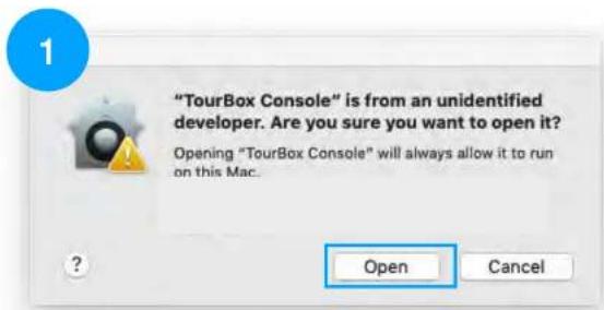 "TourBox Console" is from an unidentified developer. Are you sure you want to open it? Opening "TourBox Console" will always allow it to run on this Mac. Open Cancel