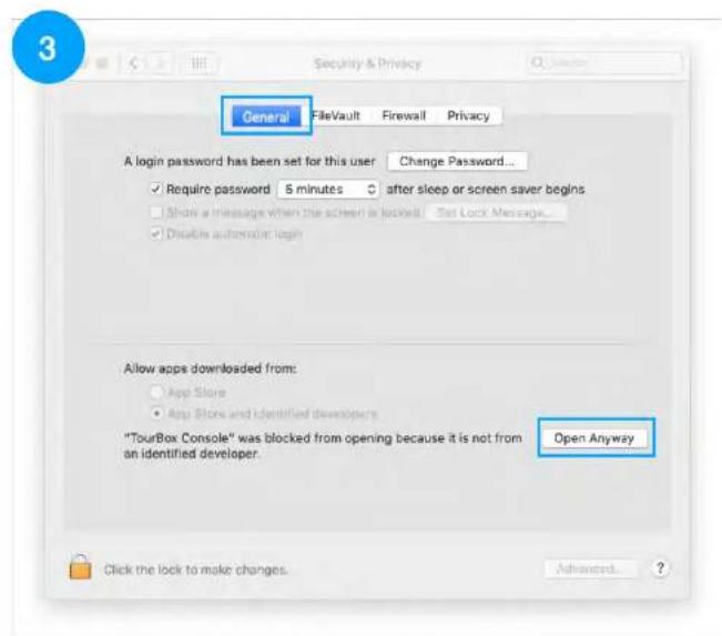 Security & Privacy General FileVault Firewall Privacy A login password has been set for this user Change Password... Require password 5 minutes after sleep or screen saver begins Show a message when the screen is locked. Set Lock Message... Disable automatic login Allow apps downloaded from: App Store App Store and identified developers "TourBox Console" was blocked from opening because it is not from an identified developer. Open Anyway Click the lock to make changes.