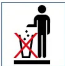 Warning symbol showing a person with a 'X' mark and a trash can, indicating no waste or disposal.