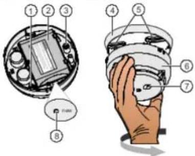 Technical diagram showing exploded view and hand holding a device with numbered parts labeled 1 through 8