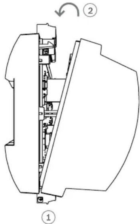 Technical diagram of a mechanical device with labeled components and rotation indicator