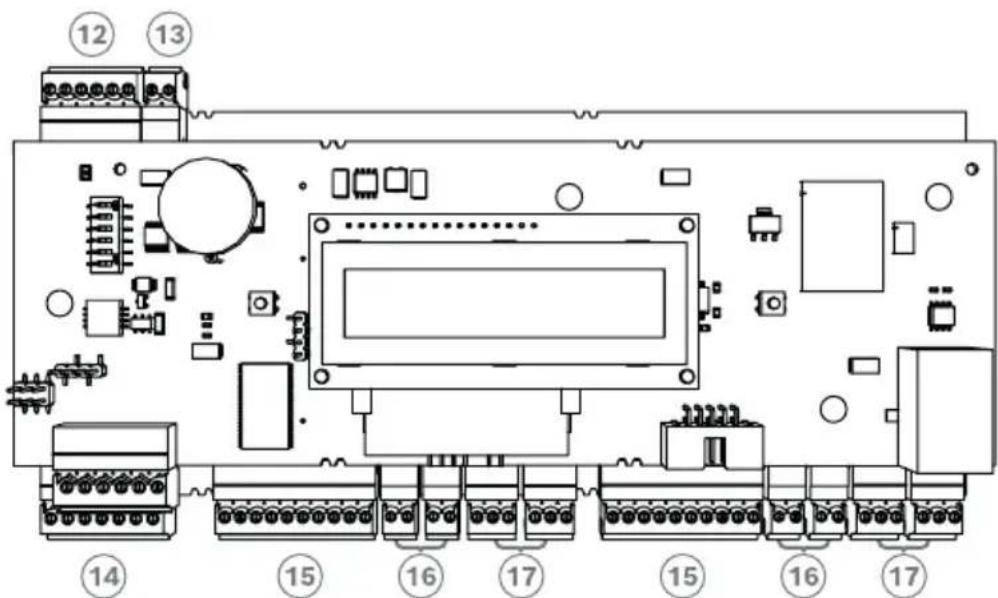 Technical diagram of an electronic circuit board layout with numbered components and labeled connectors