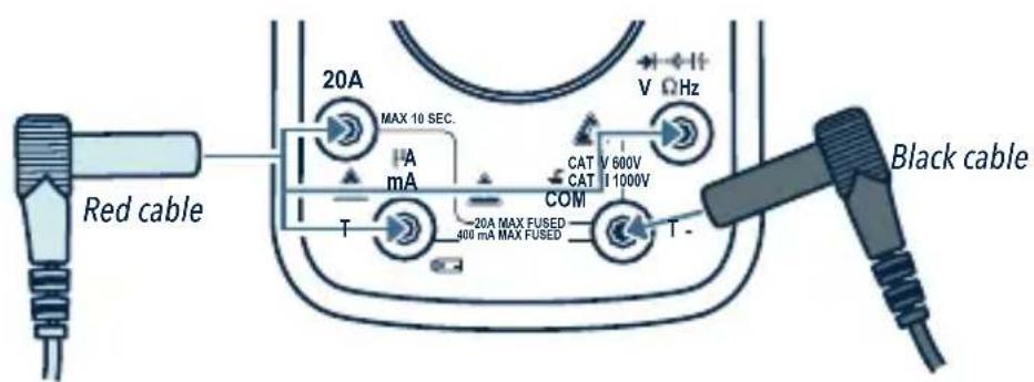 Red cable 20A MAX 10 SEC. mA T 20A MAX FUSED 400 mA MAX FUSED V 600V CAT I 1000V COM T - Black cable