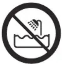 Prohibition sign with pictogram of a showerhead falling over water, no text present