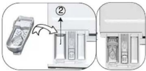 Diagram showing a device being processed into a rack with labeled component ②, including a magnified view of the rack.