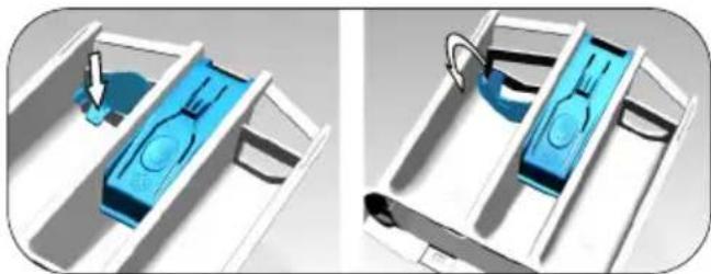 Two 3D diagrams showing blue mechanical components mounted on metal supports, with no visible text or symbols.