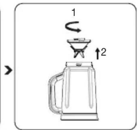 Diagram showing a coffee maker with two labeled parts: one with a swirl and another with an upward arrow, indicating a process or transformation.