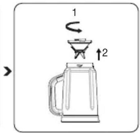 Diagram showing a coffee maker with two labeled parts: one with a curved arrow indicating rotation, the other with an upward arrow indicating up rotation.