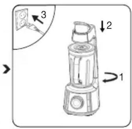 Diagram of a blender with labeled parts and directional arrows indicating motion or movement.