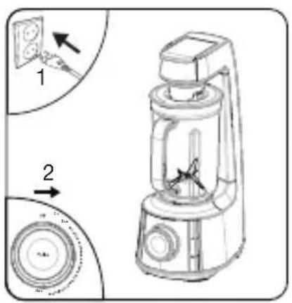 Technical diagram of a blender with labeled parts and directional arrows indicating assembly steps