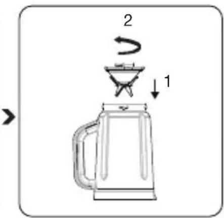 Diagram showing a cooking step with a blender and a stirring bowl, labeled with numbers 1 and 2.