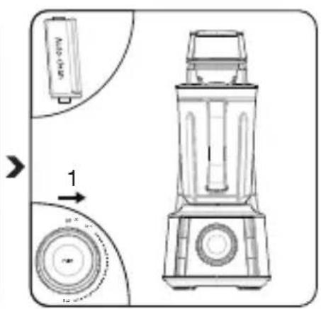 Technical diagram of a blender with labeled components and directional arrows indicating assembly or transformation.