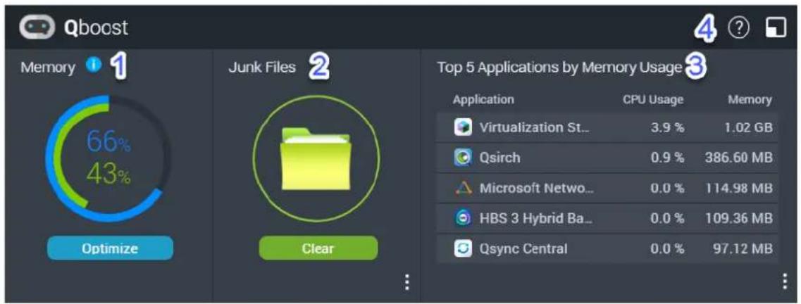 Qboost Memory 1 66% 43% Optimize Junk Files 2 Clear Top 5 Applications by Memory Usage 3 Application CPU Usage Memory Virtualization St... 3.9 % 1.02 GB Qsirch 0.9 % 386.60 MB Microsoft Netwo... 0.0 % 114.98 MB HBS 3 Hybrid Ba... 0.0 % 109.36 MB Qsync Central 0.0 % 97.12 MB