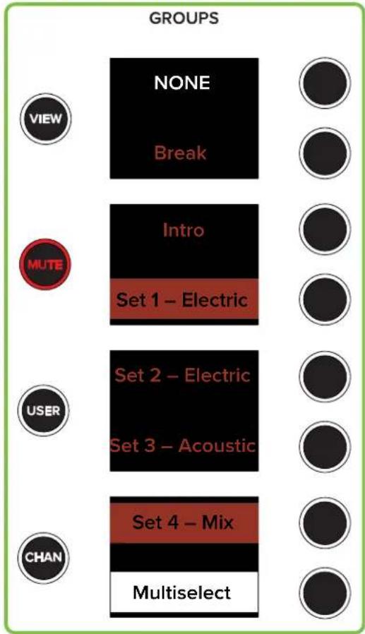 GROUPS NONE Break VIEW MUTE Intro Set 1 – Electric USER Set 2 – Electric Set 3 – Acoustic CHAN Set 4 – Mix Multiselect