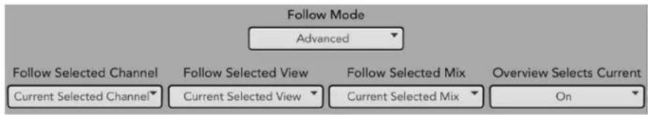Follow Mode Advanced Follow Selected Channel Follow Selected View Follow Selected Mix Overview Selects Current Current Selected Channel Current Selected View Current Selected Mix On