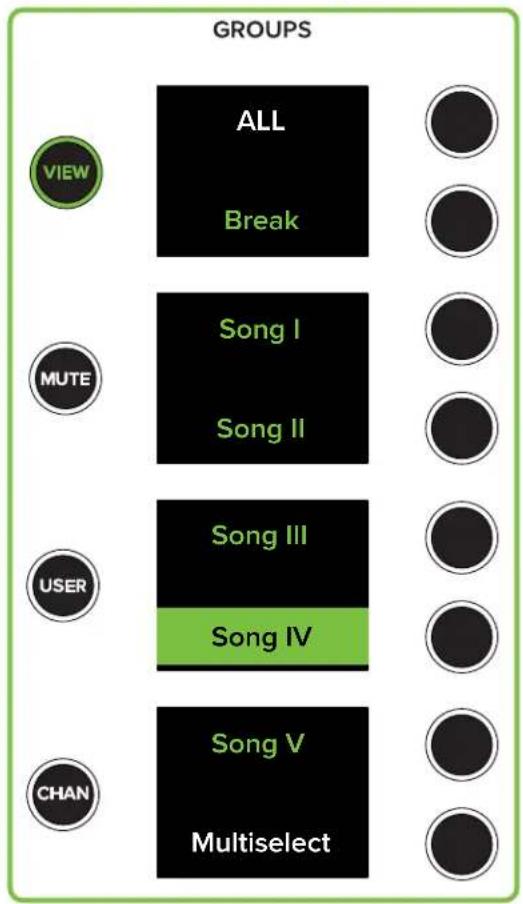 GROUPS ALL Break MUTE Song I Song II USER Song III Song IV CHAN Song V Multiselect