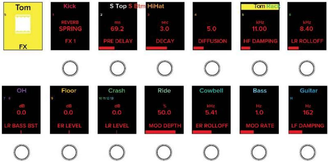 Tom 5 FX Kick 1 REVERB SPRING FX 1 S Top S Btm 2 ms 69.2 PRE DELAY HiHat 3 sec 3.0 DECAY 4 5.0 DIFFUSION Tom Rack 5 kHz 11.00 HF DAMPING 6 kHz 8.40 LR ROLLOFF OH 7 6 dB 0.0 Floor 9 dB 0.0 ER LEVEL 10 11 12 13 Crash 10 11 12 13 dB 0.0 LR LEVEL Ride % 50.0 MOD DEPTH Cowbell kHz 5.41 ER ROLLOFF Bass Hz 1.0 MOD RATE Guitar 11 Hz 162 LF DAMPING