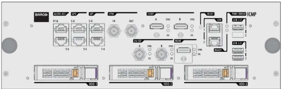 BARCO® AUDIO-AES GPO GPI SYNC IN OUT HDMI A SYNC B SYNC RESET LAN PWR/ERROR ICMP USB 2.0 1 2 3G-SDI A SYNC B SYNC HDMI SYNC SEL READY USB 3.0 1 2 HDD-1 HDD-2 HDD-3