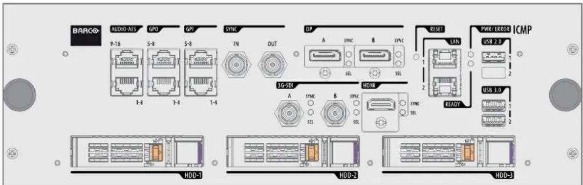 BARCO AUDIO-AES GPD GPI SYNC DP A SYNC 8 SYNC RESET LAN PWR/ERROR ICMP 9-16 5-8 5-8 IN OUT SEL SEL 1 2 USB 2.0 1-8 1-4 1-4 3G-SDI HONI READY USB 3.0 A SYNC B SYNC SEL SSEL SEL HDD-1 HDD-2 HDD-3