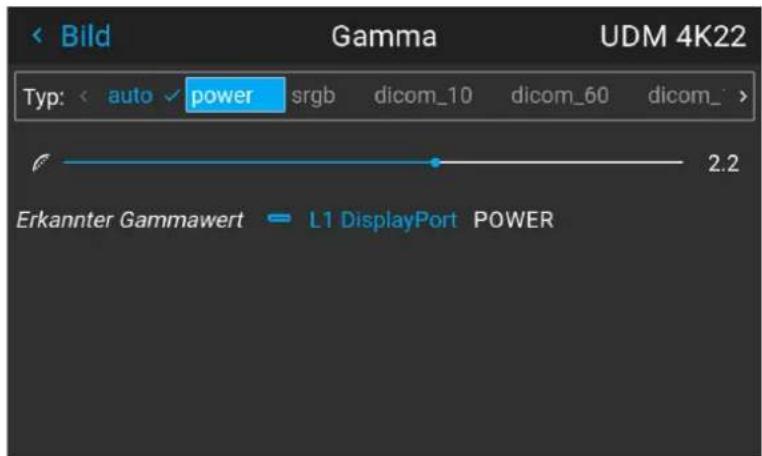 Bild Gamma UDM 4K22 Typ: auto power srgb dicom_10 dicom_60 dicom_ 2.2 Erkannter Gammawert L1 DisplayPort POWER