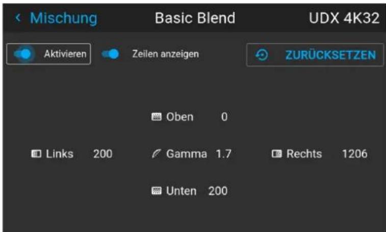Mischung Basic Blend UDX 4K32 Aktivieren Zeilen anzeigen ZURÜCKSETZEN Oben 0 Links 200 Gamma 1.7 Rechts 1206 Unten 200