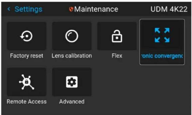 Settings Maintenance UDM 4K22 Factory reset Lens calibration Flex Ionic convergenc Remote Access Advanced